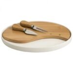 TAGLIERE PORCELLANA/BAMBOO C/2COLTELLI FORMAGGI INOX OVALE