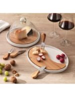TAGLIERE PORCELLANA E BAMBOO CON COLTELLI FORMAGGIO E CUPOLA VETRO - immagine 2