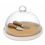 TAGLIERE PORCELLANA E BAMBOO CON COLTELLI FORMAGGIO E CUPOLA VETRO