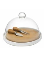 TAGLIERE PORCELLANA E BAMBOO CON COLTELLI FORMAGGIO E CUPOLA VETRO