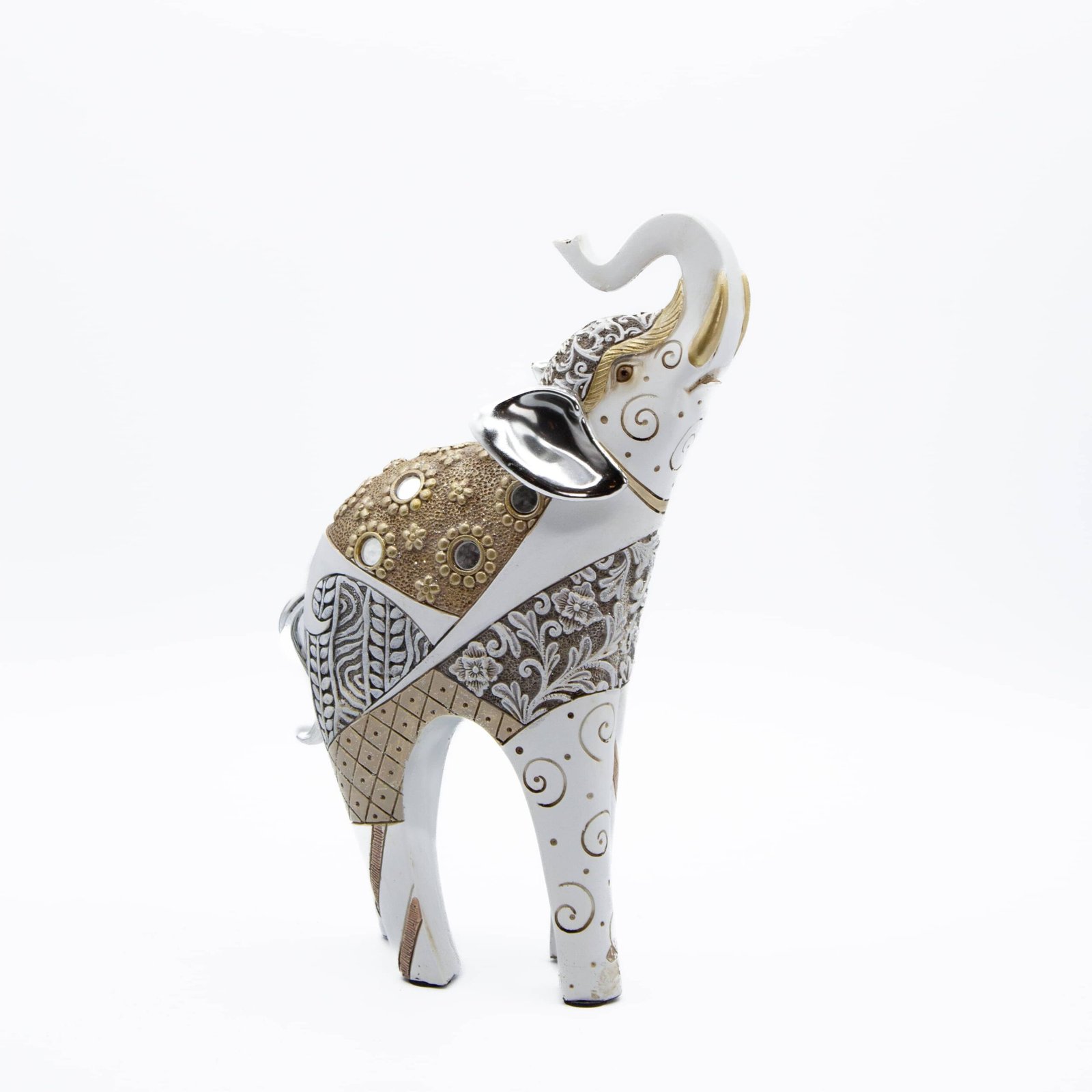 St26662 Elefante oriental decori argento e oro 18x8x28,5 cm - simeone tendenze Elefante in resina con decori argento e oro - immagine 1