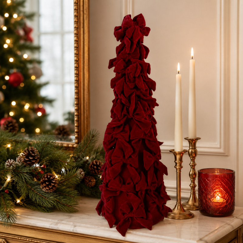 Albero in Velluto Rosso Fiocco 120cm di Le Stelle Natale Ambientato
