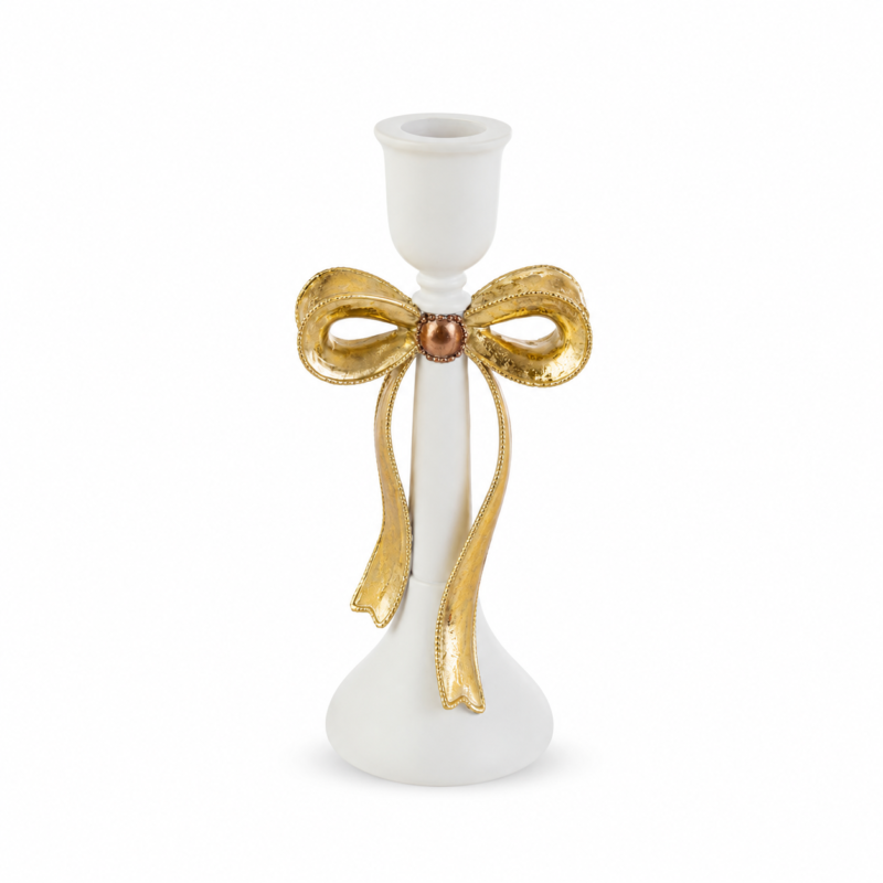 Portacandele con Fiocco Bianco e Oro 20cm