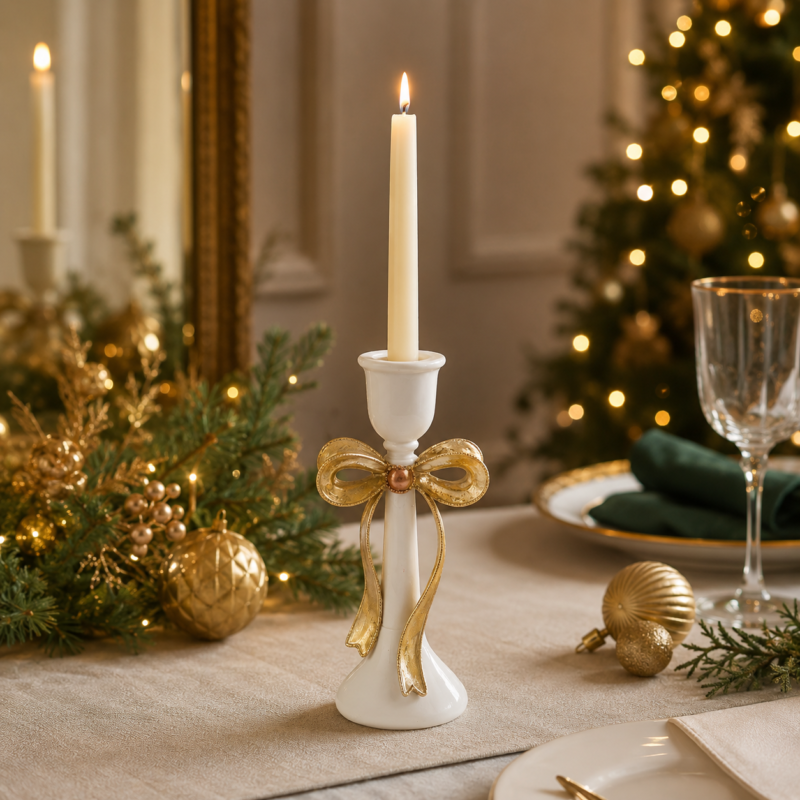 Portacandele con Fiocco Bianco e Oro 20cm