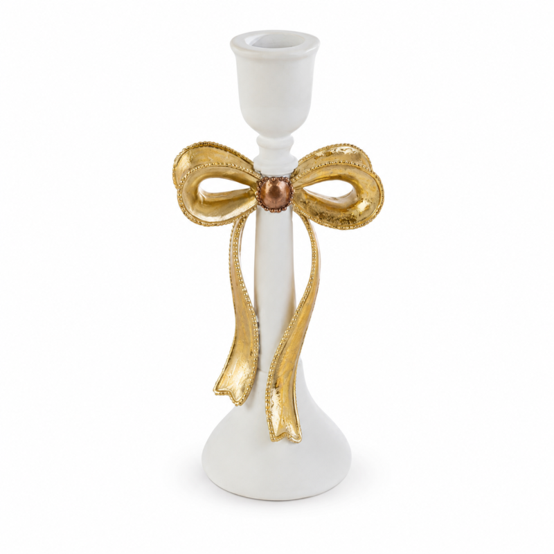 Portacandele con Fiocco Bianco e Oro 26cm