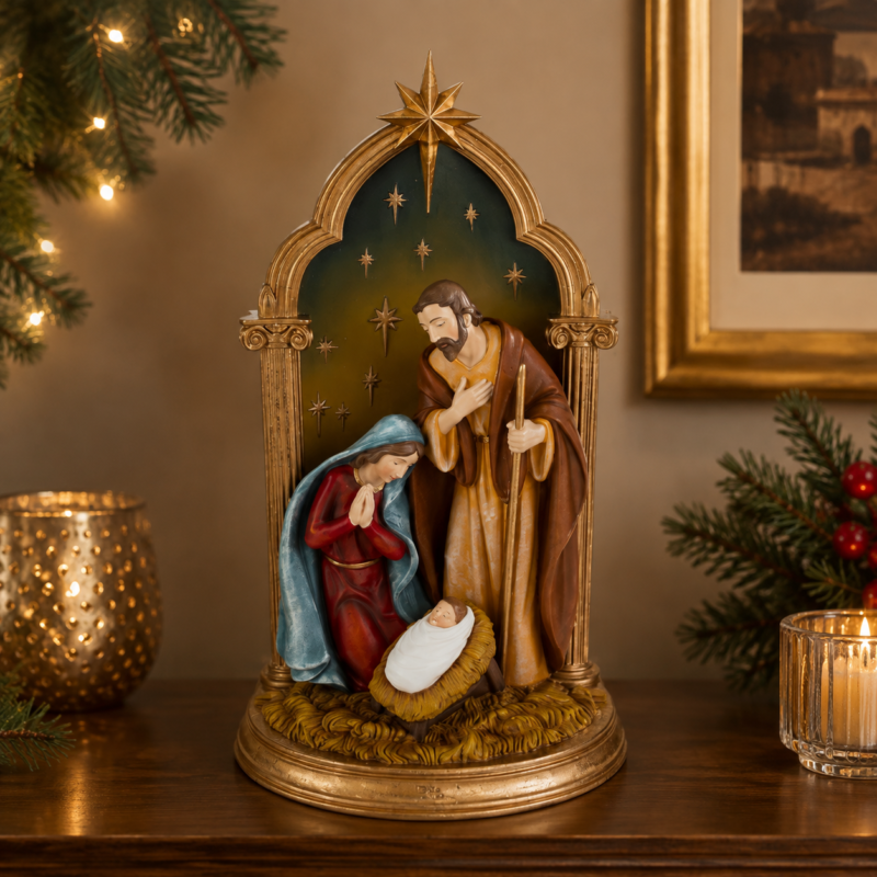 Sacra Famiglia Natalizia 46cm in Resina di Le Stelle Ambientata